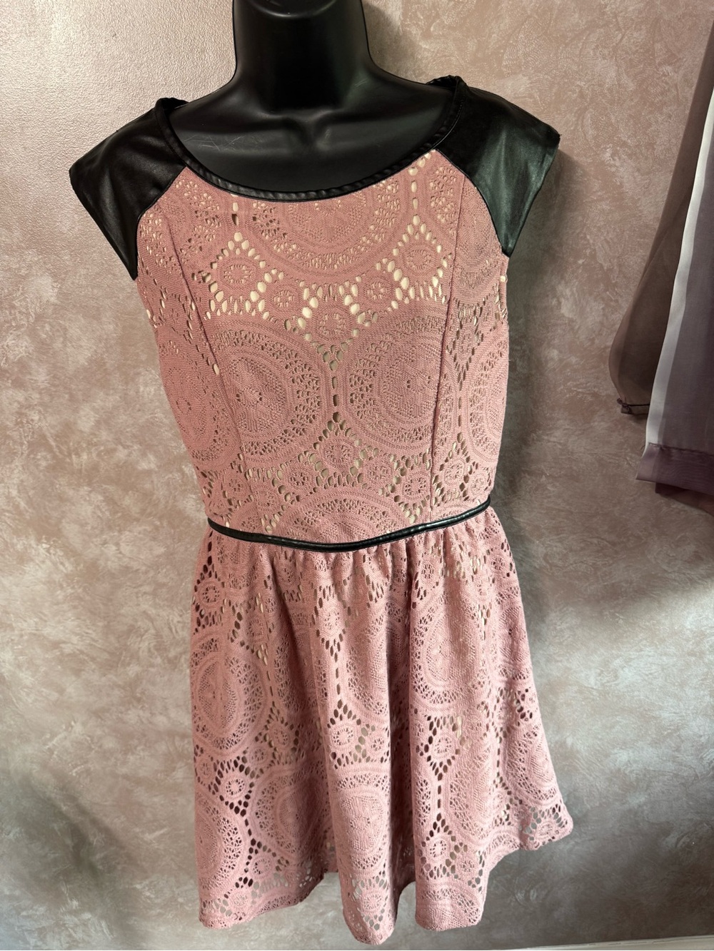 Y2K Lace Fit-and-Flare Mini Dress in Dusty Rose with Faux Leather Trim